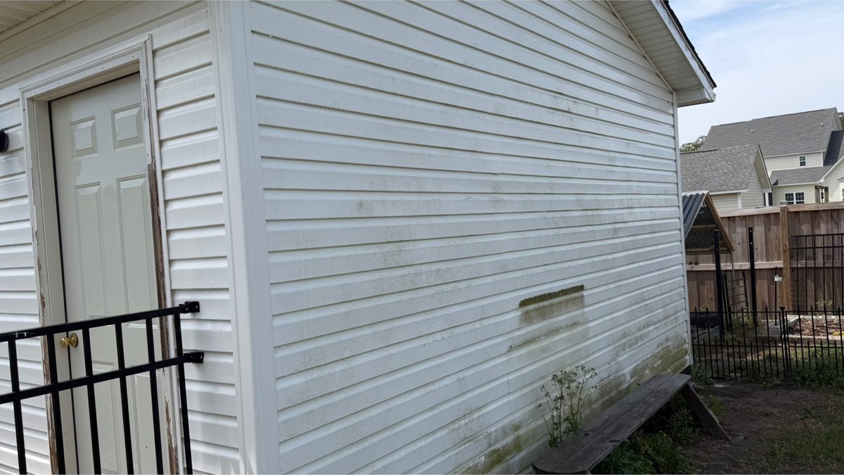 White vinyl siding marked with green organic streaking
