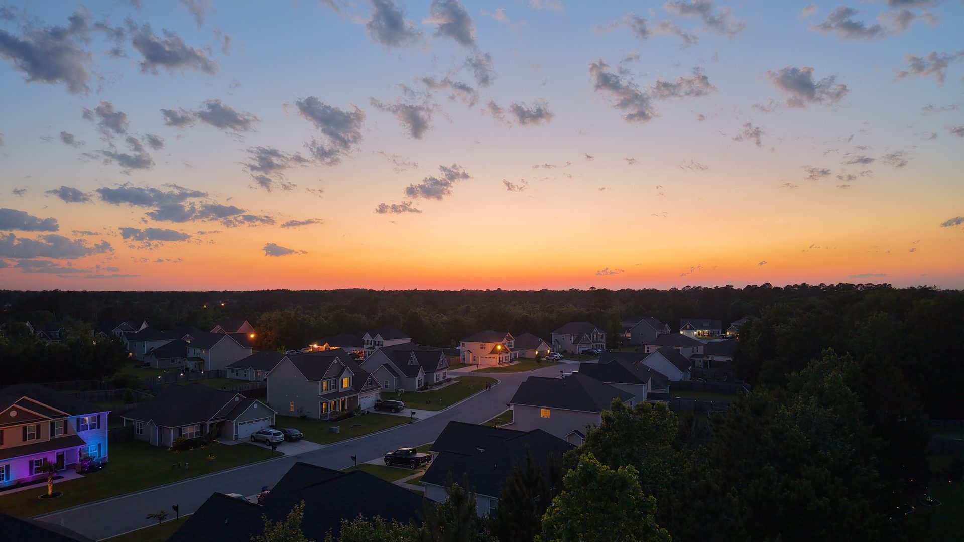 Aerial view over Jacksonville, North Carolina at sunset